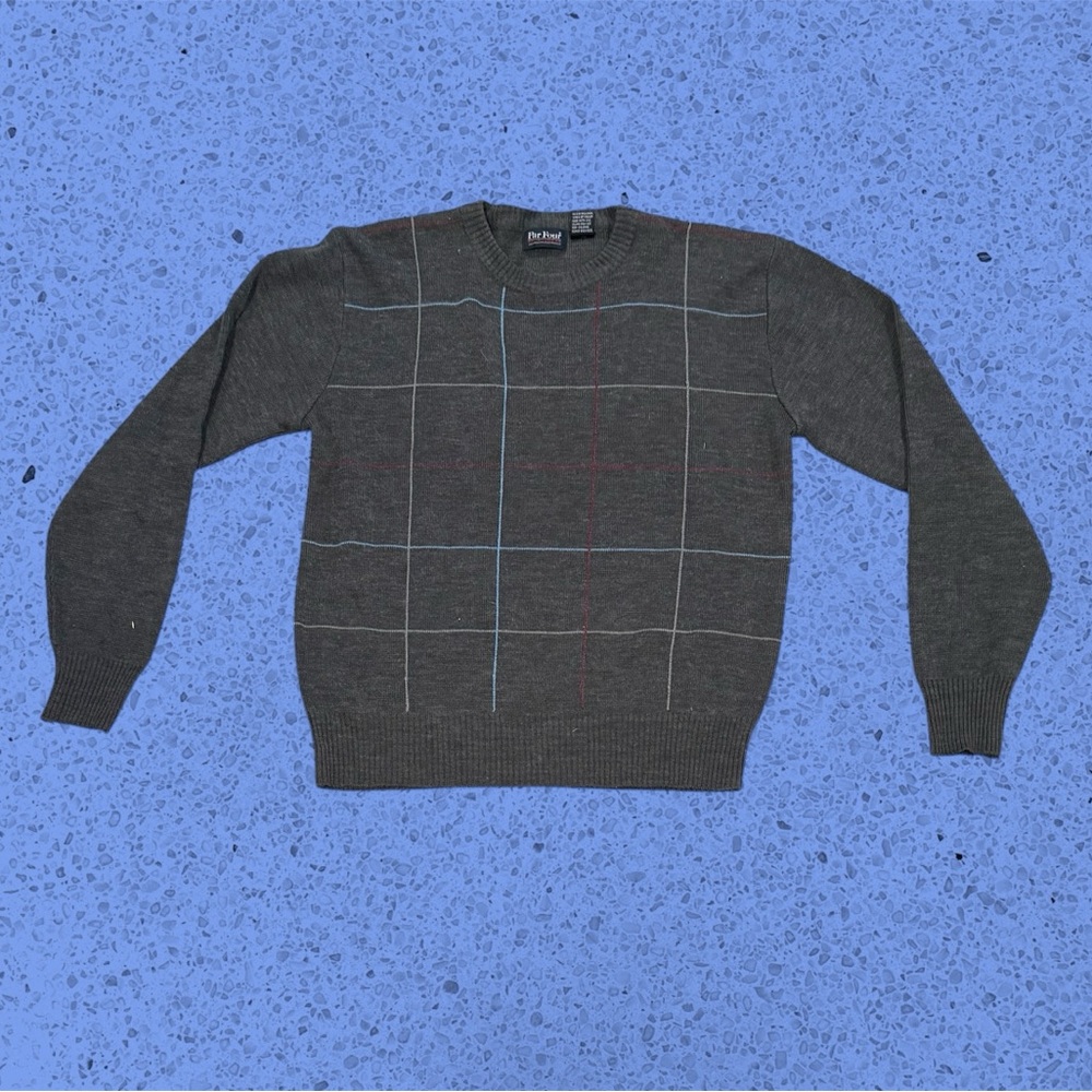 Vtg Par Four Sweater Men Large Charcoal Gray Windowpane Plaid Grandpa Pullover